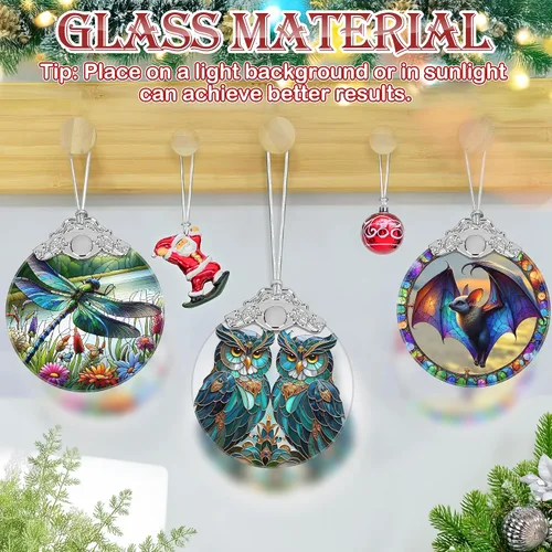 Vista 4 de Adorno de Navidad, Adornos 2025 para Árbol de Navidad, Adorno Colgante de Vidrio Emplomado, Adornos Navideños, Idea de Regalo Única - Un Par de Búhos
