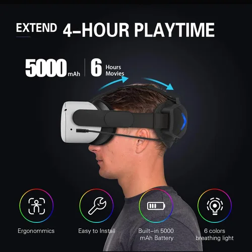 Vista 2 de QWOS RGB Head Strap with 5000mAh Battery Pack for OculusMeta Quest 2 - Adjustable Elite Strap Controller Grips Cover for Enhanced Comfort and