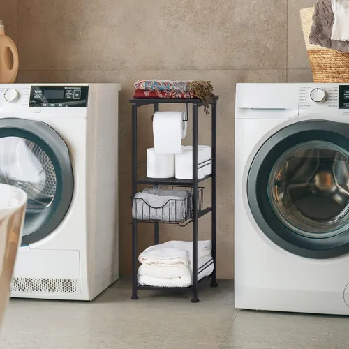 Vista 4 de OYEAL Armario de almacenamiento de papel higiénico negro pequeño estante lateral de baño con cajón estrecho gabinete de almacenamiento de toallas