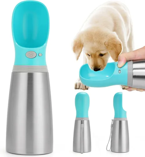 Vista 8 de Botella de agua portátil para perros, 14 onzas, dispensador de agua de acero inoxidable a prueba de fugas para cachorros con alimentador