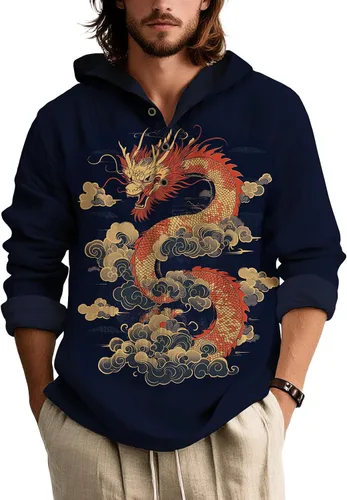 Vista 4 de Sudadera con capucha para hombre, de gran tamaño, elegante, vintage, con botones, casual, de manga larga, sudadera con capucha