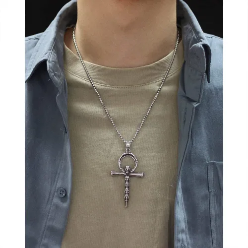 Vista 8 de Collar de cruz, Ankh, oración de serenidad, calavera, collar con colgante de cruz celta para hombres y mujeres, joyería cristiana, potente
