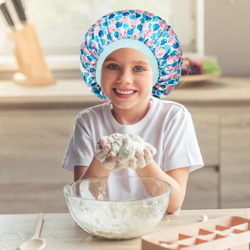 Vista 3 de 3 gorros para niños, gorros para niñas, gorro de seda satinada para dormir, gorro de dormir de banda ancha suave para trenzas de cabello rizado