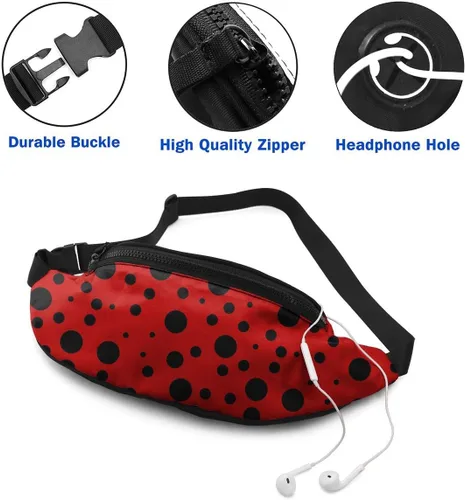 Vista 3 de Dujiea Riñonera con agujero para auriculares, bolsillo ajustable, bolsa de cadera para mujeres, hombres y niños, Lunares Mariquita