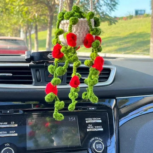 Vista 15 de Planta colgante de ganchillo para automóvil, colgador de espejo de automóvil de punto, cesta colgante de ganchillo para plantas de automóvil, lindos