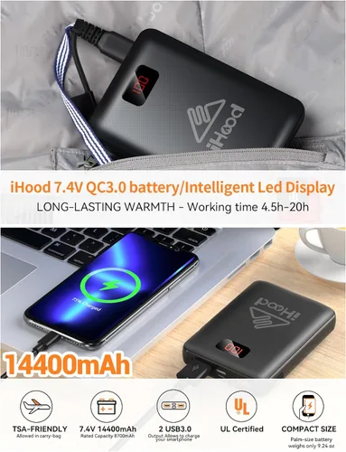 Vista 5 de iHood Chaleco térmico para mujer con batería, chaleco térmico para mujer con capucha térmica retráctil, chaquetas térmicas lavables para mujer