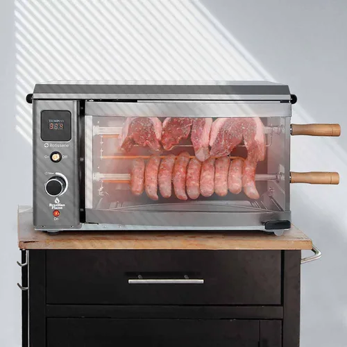 Vista 2 de Asador de llama brasileña para interiores o exteriores, con 2 pinchos giratorios automáticos para pollo, filete, pescado, barbacoa