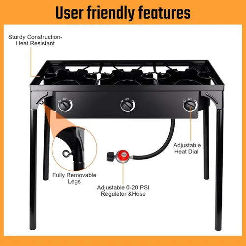 Vista 2 de Estufa de gas propano de 3 quemadores, 200,000 BTU para acampar al aire libre con patas extraíbles, regulador y manguera de 0-20 PSI, soporte