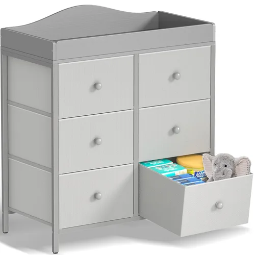 Vista 10 de BOLUO Cómoda con cambiador negro con 6 cajones de tela, tocador para bebés con cambiador superior, estación de cambio de pañales con almacenamiento
