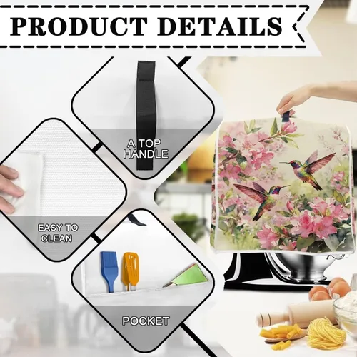 Vista 6 de Cubierta para mezclador de cocina con diseño de flores de pájaros, cubierta para procesador de alimentos con asa superior y bolsillo