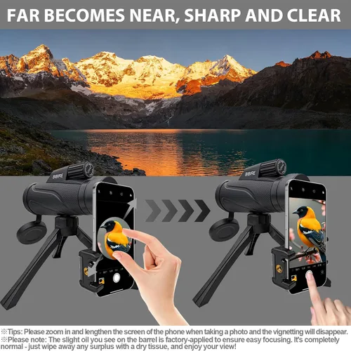 Vista 6 de BIBIRE Telescopio monocular 12X42 para la observación de aves de alta Monoculares HD con trípode FMC y BAK4 y adaptador de teléfono para observar