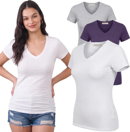 Vista 53 de Emmalise Camiseta de manga corta para mujer, cuello en V, tallas junior y plus