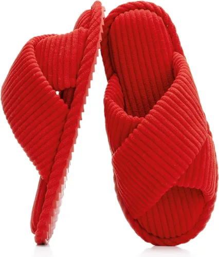 Vista 12 de GOEWY - Pantuflas para mujer con espuma viscoelástica para el hogar, con entretejido de pana, tiras cruzadas, con punta abierta, sandalias cómodas
