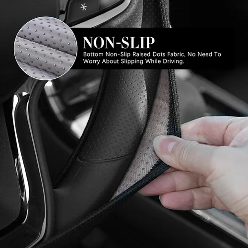 Vista 3 de Funda de cuero prémium para volante compatible con Dodge Charger Challenger Durango RAM 1500 coches, ajuste universal de 14 a 15 pulgadas