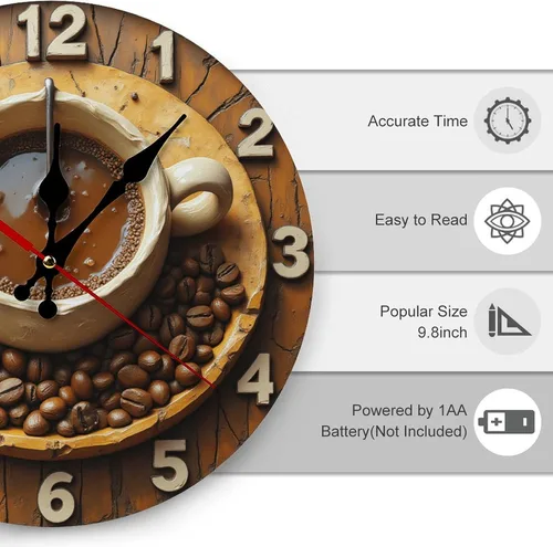 Vista 2 de Reloj de pared para decoración del hogar, diseño rústico de taza de café marrón, con estampado de taza A, funciona con pilas, silencioso, sin