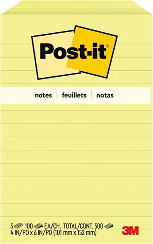 Vista 8 de Post-it Notas, 4 x 6 pulgadas, 5 blocs de notas adhesivas forradas, 100 hojas por bloc, amarillo canario, The Original Post-it Note, suministros