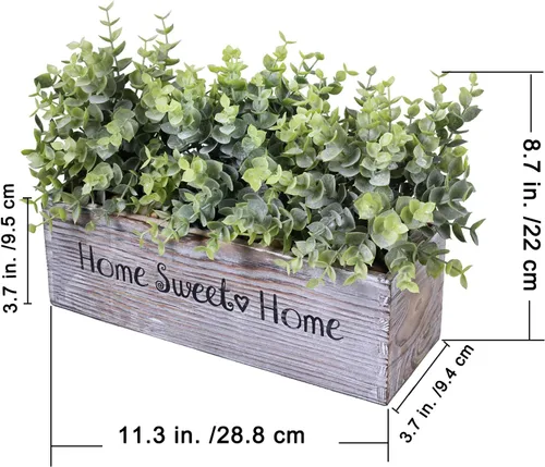 Vista 2 de 1 pieza de plantas de eucalipto en maceta de madera, arreglo vegetal, planta de eucalipto artificial en caja rectangular de madera para casa