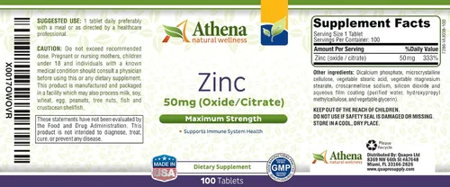 Vista 5 de Athena - Suplemento de zinc comprimidos 50mg - Óxido/Citrato - 100 comprimidos recubiertos
