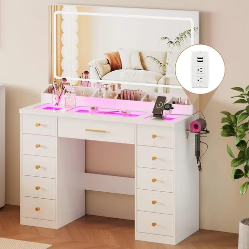 Vista 15 de LAKEMID Escritorio de tocador con espejo y luces LED, mesa de maquillaje con parte superior de cristal con 9 cajones y toma de corriente, 3 modos
