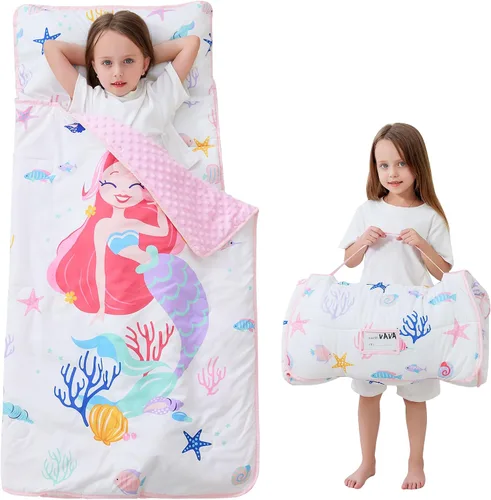 Vista 19 de Lasoftan Tapete para siesta para niños con almohada y manta, tapetes enrollados extra grandes para siestas, bolsas de dormir para niños y niñas