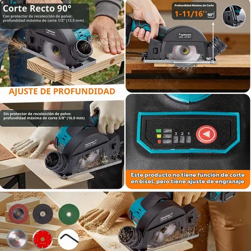 Vista 5 de Heimerdinger Mini sierra circular inalámbrica 2 en 1 de 4 pulgadas y amoladora angular - Motor sin escobillas, 3 velocidades, batería de 4000 mAh