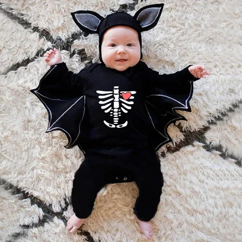 Vista 3 de Disfraz de Halloween para bebé niño, traje de murciélago esculpido de manga larga
