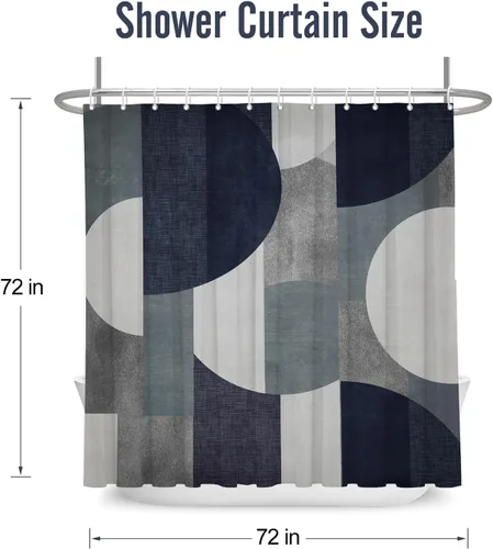 Vista 4 de Cortina de ducha azul marino con círculos geométricos abstractos y modernos, estilo contemporáneo, cortinas de ducha de tela impermeable gris