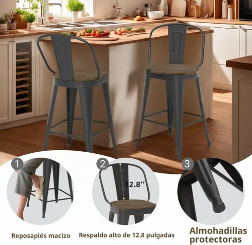 Vista 3 de Juego de 4 taburetes de bar giratorios de 24 pulgadas, taburetes de bar industriales con patas de metal resistentes, taburetes de bar con respaldo