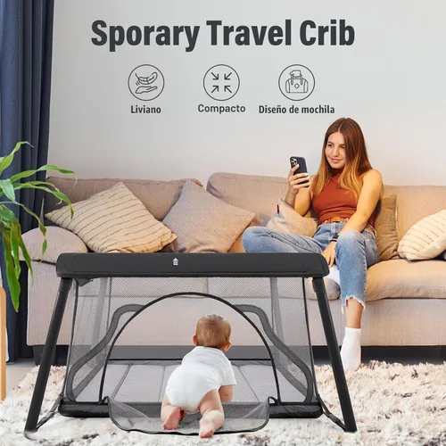 Vista 6 de Cuna de viaje, cuna portátil para bebé, parque de juegos portátil para bebés y niños pequeños, diseño de mochila ligera, corralito de viaje plegable