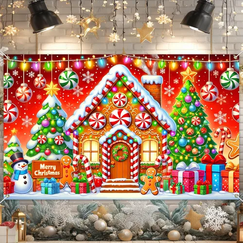 Vista 16 de BlissYard Telón de fondo de tren de Papá Noel, 71 x 43 pulgadas, pancarta de escena de Navidad de pan de jengibre, fondo de fotos para fiestas