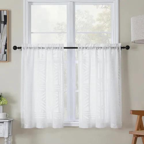 Vista 81 de Simplebrand Cortinas traslúcidas negras de cocina de 24 pulgadas de largo, 2 paneles, filtrado de luz, geométrico jacquard con textura, cortinas