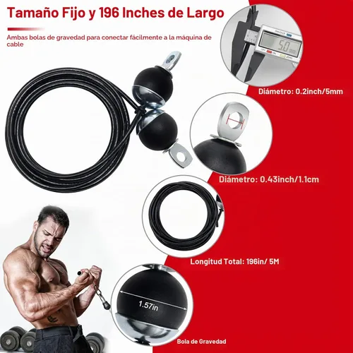 Vista 2 de Cable de repuesto para gimnasio en casa de 196 pulgadas, cable de polea de fitness con 2 bolas de gravedad de 0.197 in para máquina de ejercicio