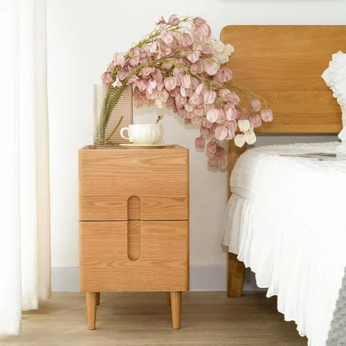 Vista 10 de Mesita de noche moderna de mediados de siglo, mesita de noche estrecha, mesa auxiliar minimalista para dormitorio, mesas de noche de 2 cajones