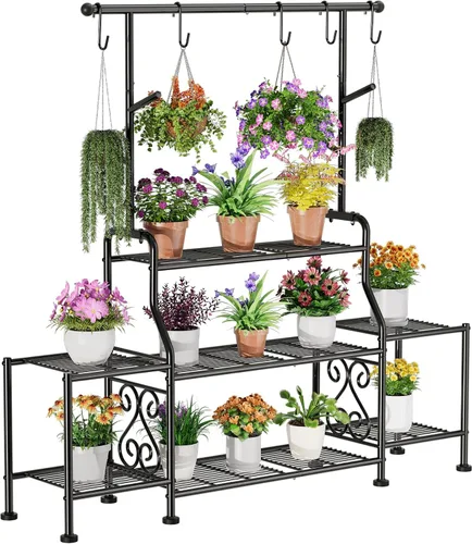 Vista 11 de GIOTORENT Soporte para plantas de interior, estante de metal resistente de 3 niveles para patio e interior, soporte alto para plantas que sostiene