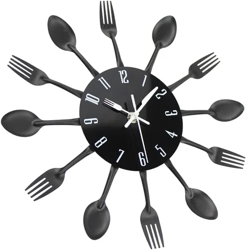 Vista 3 de Reloj de pared de cocina Timelike, reloj de cocina de cubertería 3D extraíble moderno creativo, cuchara y tenedor, reloj de pared con espejo Negro