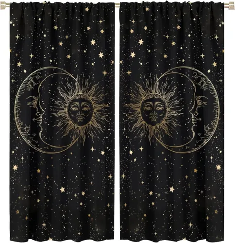 Vista 47 de Cortinas opacas con diseño de sol y luna, cuerpos celestes bohemios, con diseño de sol, luna y estrellas, para sala de estar, dormitorio, 42 x 45