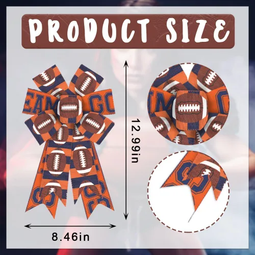Vista 2 de 2 lazos de fútbol para decoración deportiva de corona, lazo de corona de fútbol naranja Go Team para decoración de fiesta de fútbol, día de juego