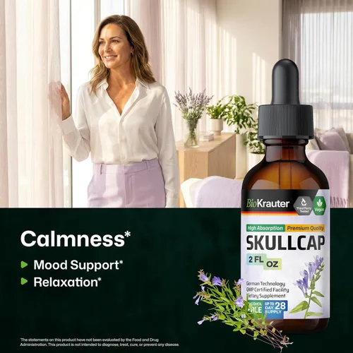 Vista 2 de BIO KRAUTER® Tintura Skullcap para la calma y la relajación - Hierba líquida Skullcap 2 onzas 28 días de suministro - Suplemento para dormir puro