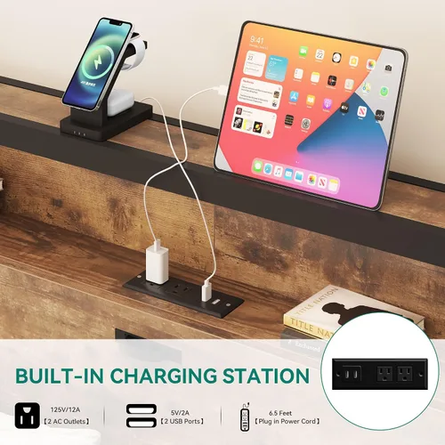 Vista 3 de YITAHOME Base de cama tamaño King con cabecera de almacenamiento, cama de plataforma con 4 cajones, marco de cama LED con puertos USB y salidas