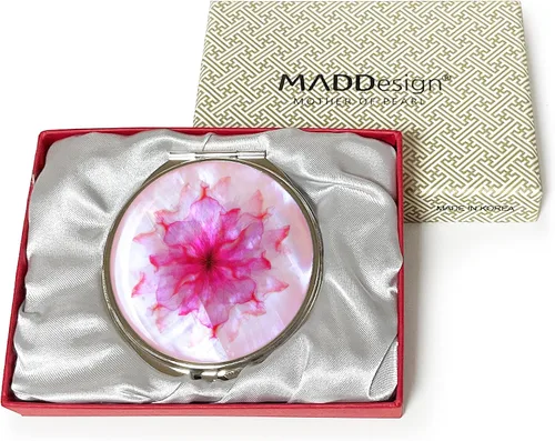 Vista 5 de MADDesign Mother of Pearl Espejo de viaje compacto para maquillaje (pétalos de flores rosa)