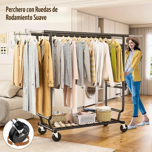 Vista 6 de Raybee Perchero de Ropa Carga 630LBS, Perchero de Ropa Resistente, Percheros Rodantes de Ropa para Colgar Ropa con Ruedas, Perchero de Ropa Negro