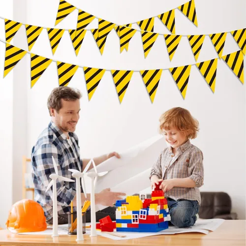Vista 8 de Paquete de 5 banderines de construcción – Bandera temática de camión volquete para niños, decoración de banderines triangulares para fiesta