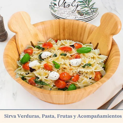 Vista 5 de Edward manos de ensalada, cubiertos para servir ensalada 100 % de bambú, manos para ensalada original, Paquete de 1, Amarillo