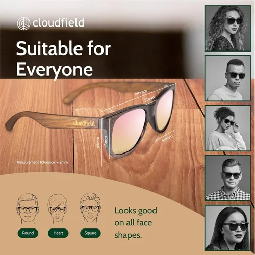 Vista 5 de Cloudfield Wood Frame Sunglasses for Men and Women with 9-Layer Polarized Lenses and Double Layer of UV Blocking Coating