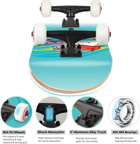 Vista 5 de Patineta Ryvorbe para principiantes, 31 x 8 pulgadas, patineta completa para niños, adolescentes y adultos, 7 capas de arce canadiense, doble