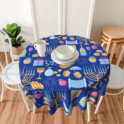 Vista 5 de Happy Hanukkah - Mantel redondo de festival judío de Hanukkah, mantel redondo, lavable, decorativo, para cocina, cena, fiesta, talla única