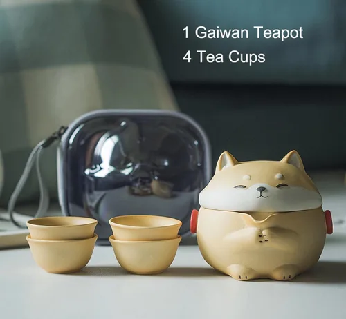 Vista 2 de Mini juego de té Gaiwan, linda tetera Shiba Inu con bolsa portátil para viajes, tetera china de gongfu de cerámica con 4 tazas de té de cerámica.