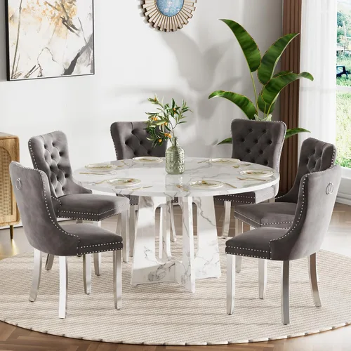 Vista 56 de Mesa de comedor redonda estilo granja para 6, mesa de cocina circular de 47" MDF con acabado de grano de madera, mesa de cocina y comedor de madera