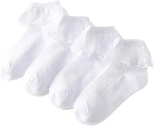 Vista 17 de Looching 4 pares de calcetines de encaje de princesa de algodón con volantes sólidos para niñas pequeñas