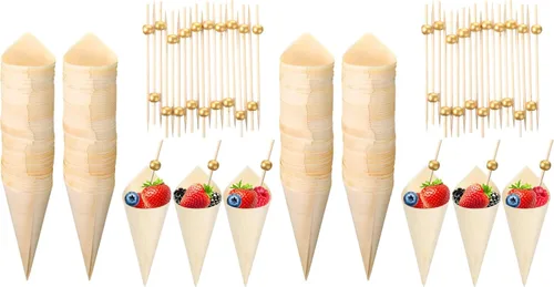 Vista 11 de Queekay 200 conos de madera desechables de madera de 5 pulgadas, cono de helado de perla, palillos de bambú para aperitivos, bebidas, boda, fiesta